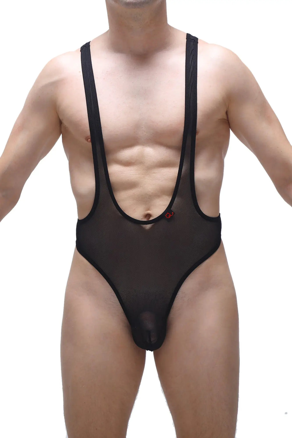 Black sheer mesh one-piece swimsuit with black elastic straps and small red logo on chest petitq bodysuit thong gonzac net black