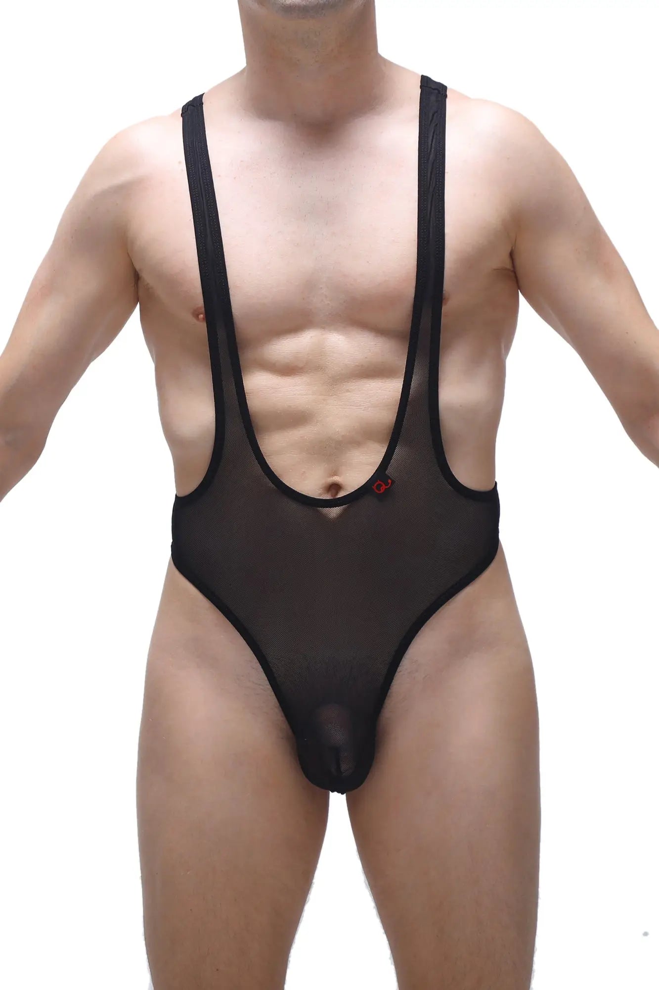 Black sheer mesh one-piece swimsuit with black elastic straps and small red logo on chest petitq bodysuit thong gonzac net black