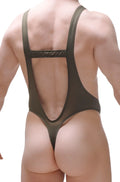 Olive green petitq bodysuit thong gonzac plum green one-piece swimsuit with mesh back and thin straps shown from back