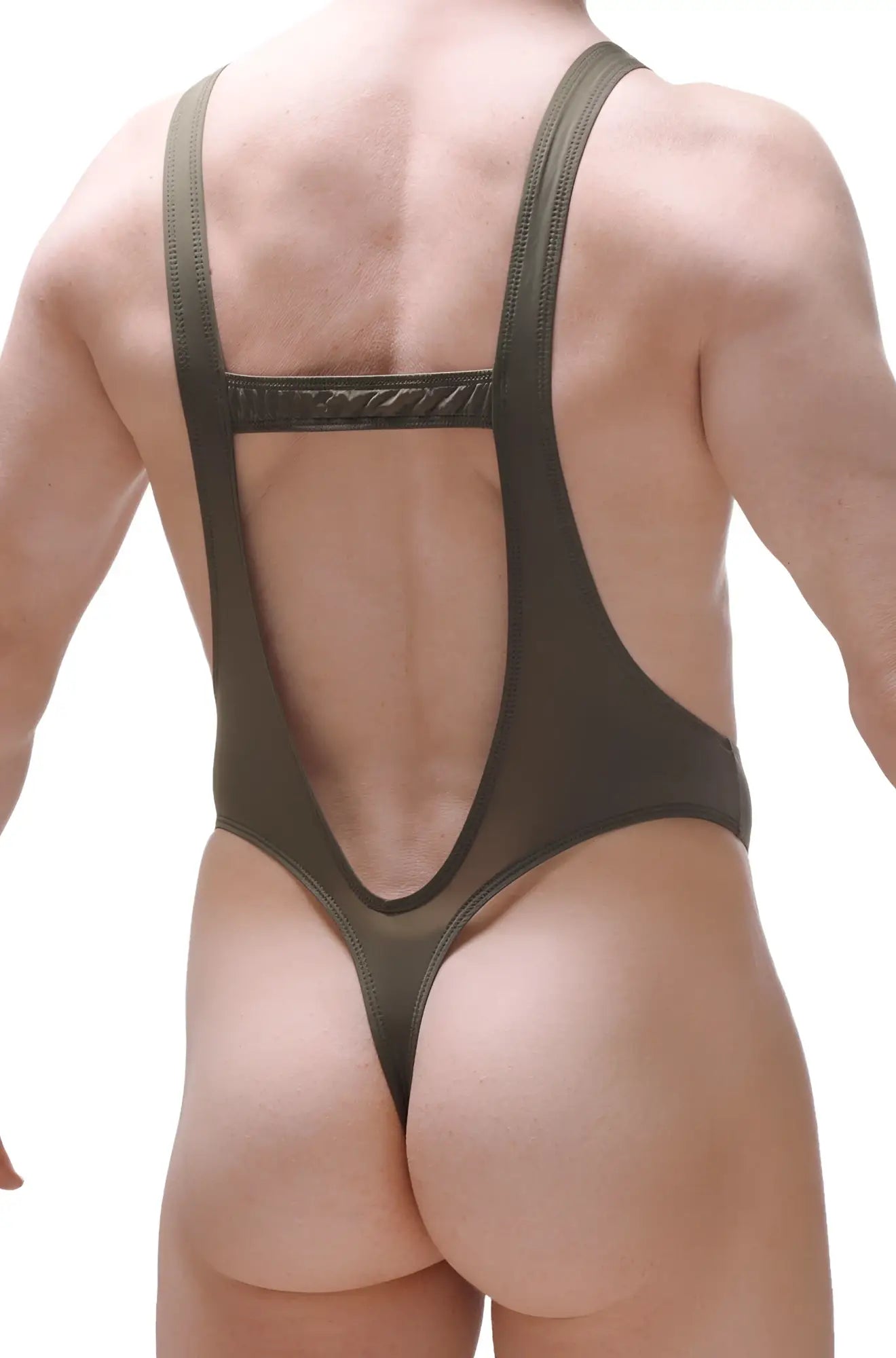 Olive green petitq bodysuit thong gonzac plum green one-piece swimsuit with mesh back and thin straps shown from back