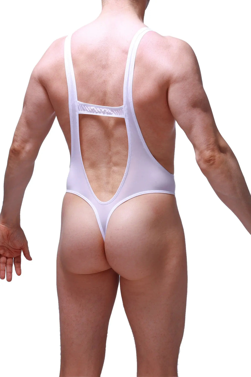 White petitq bodysuit thong gonzac plum with a low-cut back and thin shoulder straps shown from the back side