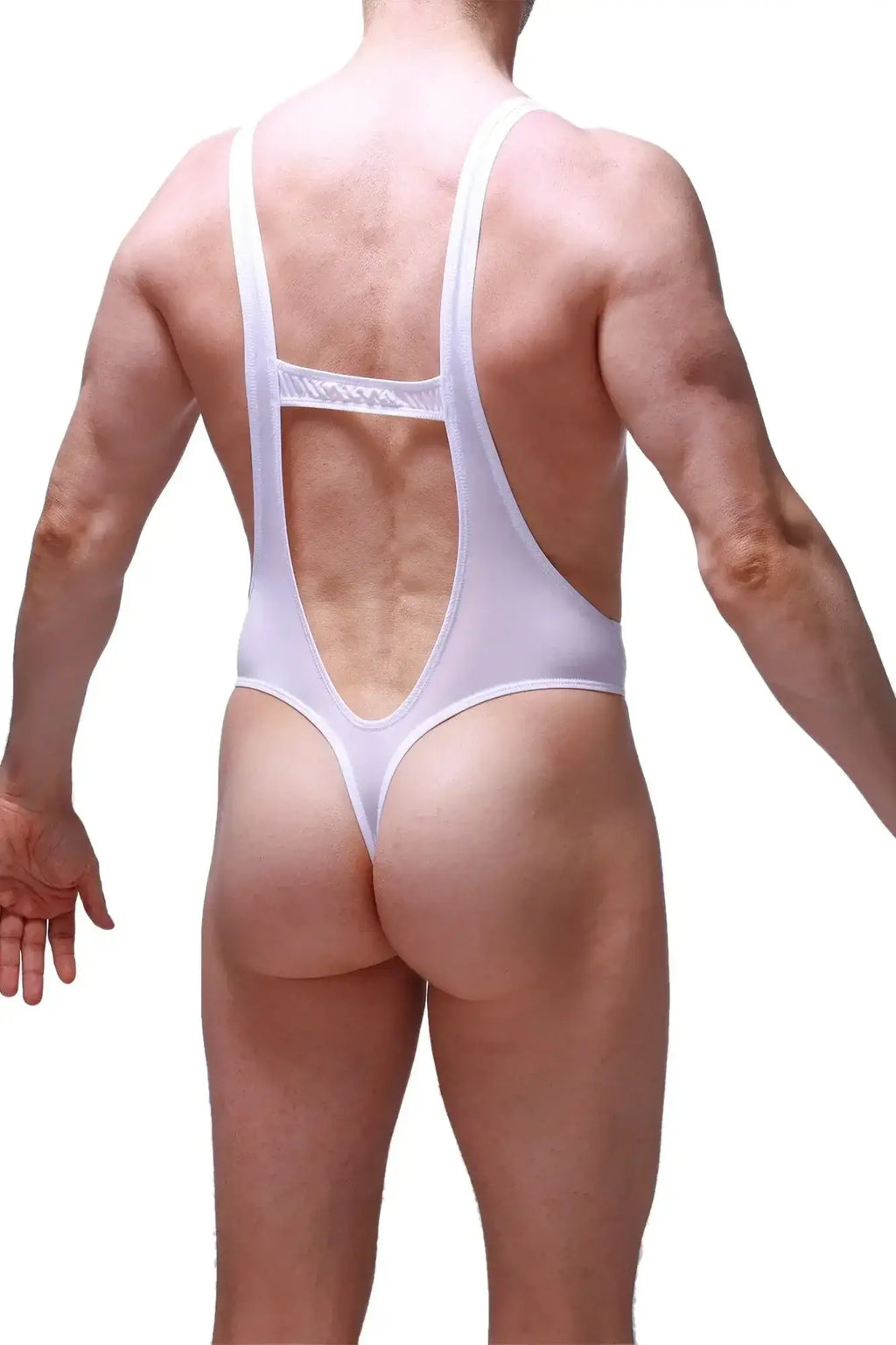 White petitq bodysuit thong gonzac plum with a low-cut back and thin shoulder straps shown from the back side