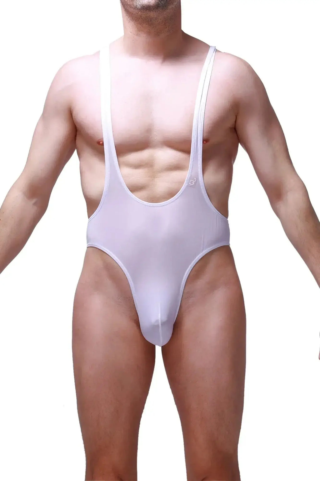 White sheer mesh one-piece swimsuit with thin shoulder straps and high-cut leg design from PetitQ.