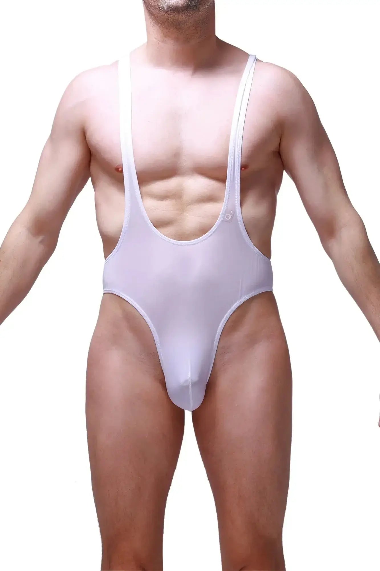 White sheer mesh one-piece swimsuit with thin shoulder straps and high-cut leg design from PetitQ.