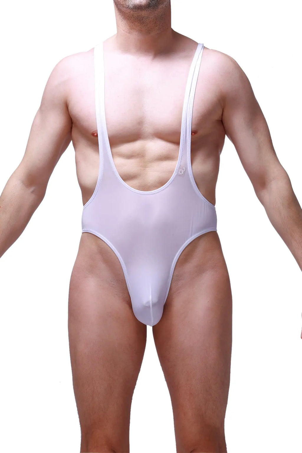 White sheer mesh one-piece swimsuit with thin shoulder straps and high-cut leg design from PetitQ Bodysuit Thong Gonzac Plum White