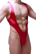 Shiny red petitq bodysuit thong lepuil joe framboise one-piece swimsuit with deep v-neckline and thin shoulder straps
