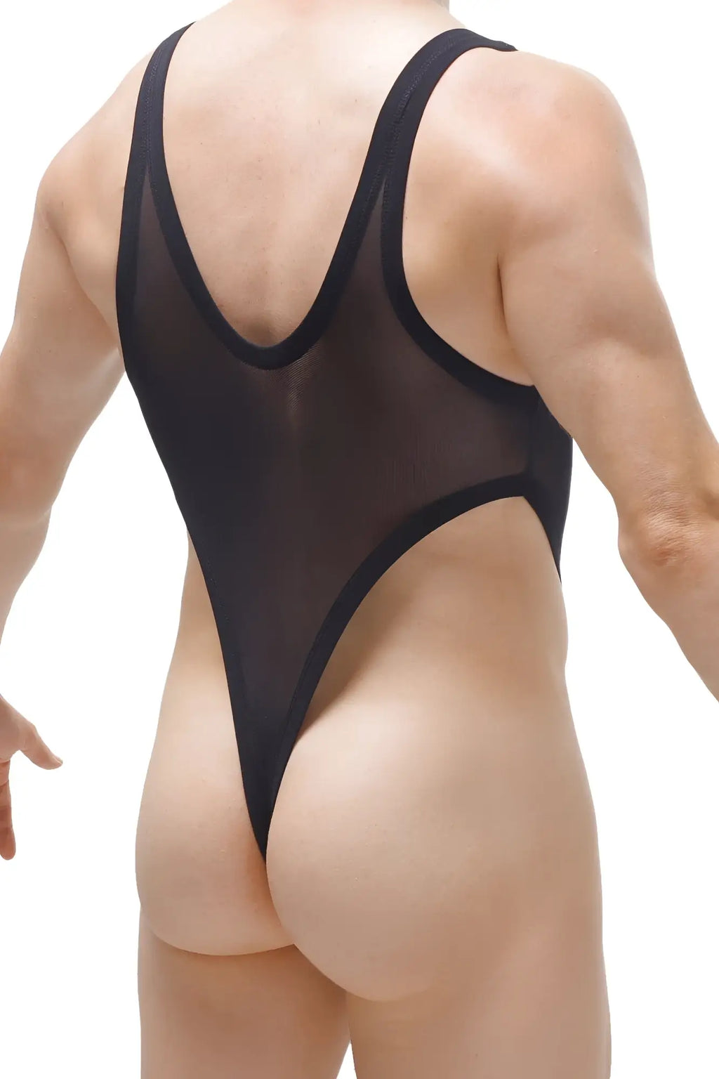 Black mesh one-piece swimsuit with thin straps and high-cut leg design petitq bodysuit thong lepuil net black