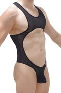 PetitQ black sheer mesh bodysuit thong with cutout design showing the back side of the product