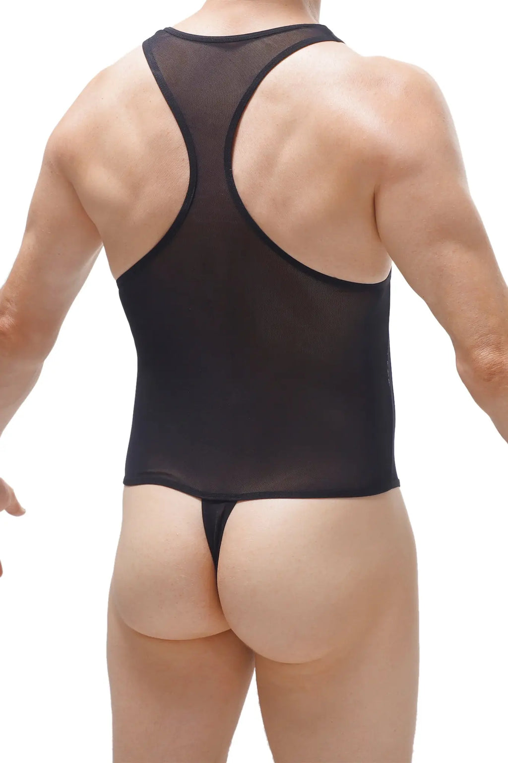 Black sheer mesh tank top with thong-style bottom from petitq bodysuit medis net black shown from the back