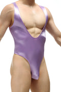 PetitQ bodysuit thor satin lilac is a shiny lavender one-piece swimsuit with a deep v-neckline and high-cut legs