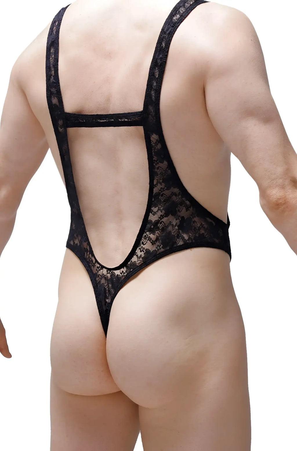 Black lace petitq bodythong aunou bodysuit back view with backless open design and thin straps