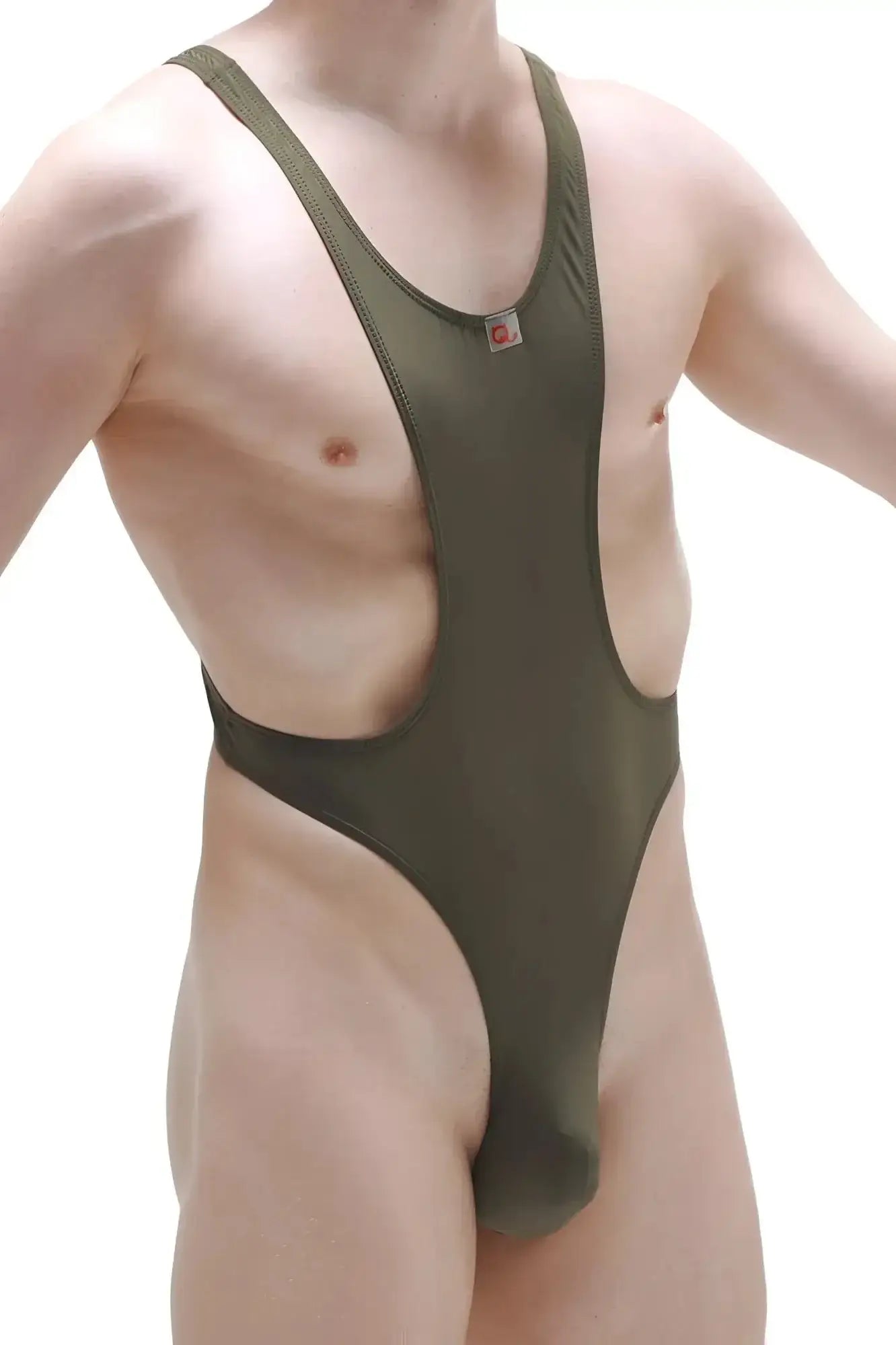 Olive green one-piece swimsuit with wide shoulder straps and high-cut leg from petitq bodythong aunou plum olive