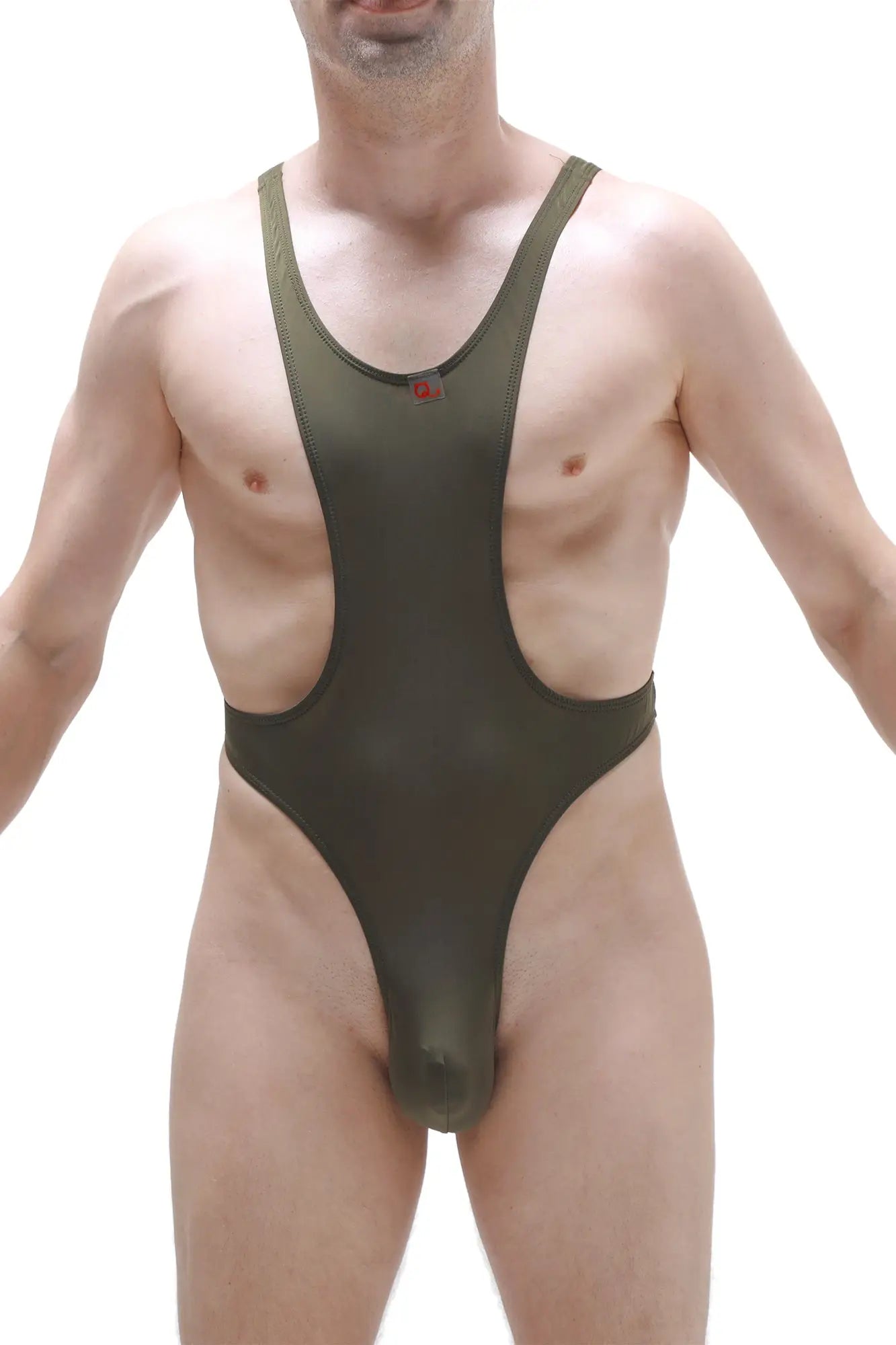 Olive green petitq bodythong aunou plum one-piece swimsuit with wide shoulder straps and red button neckline