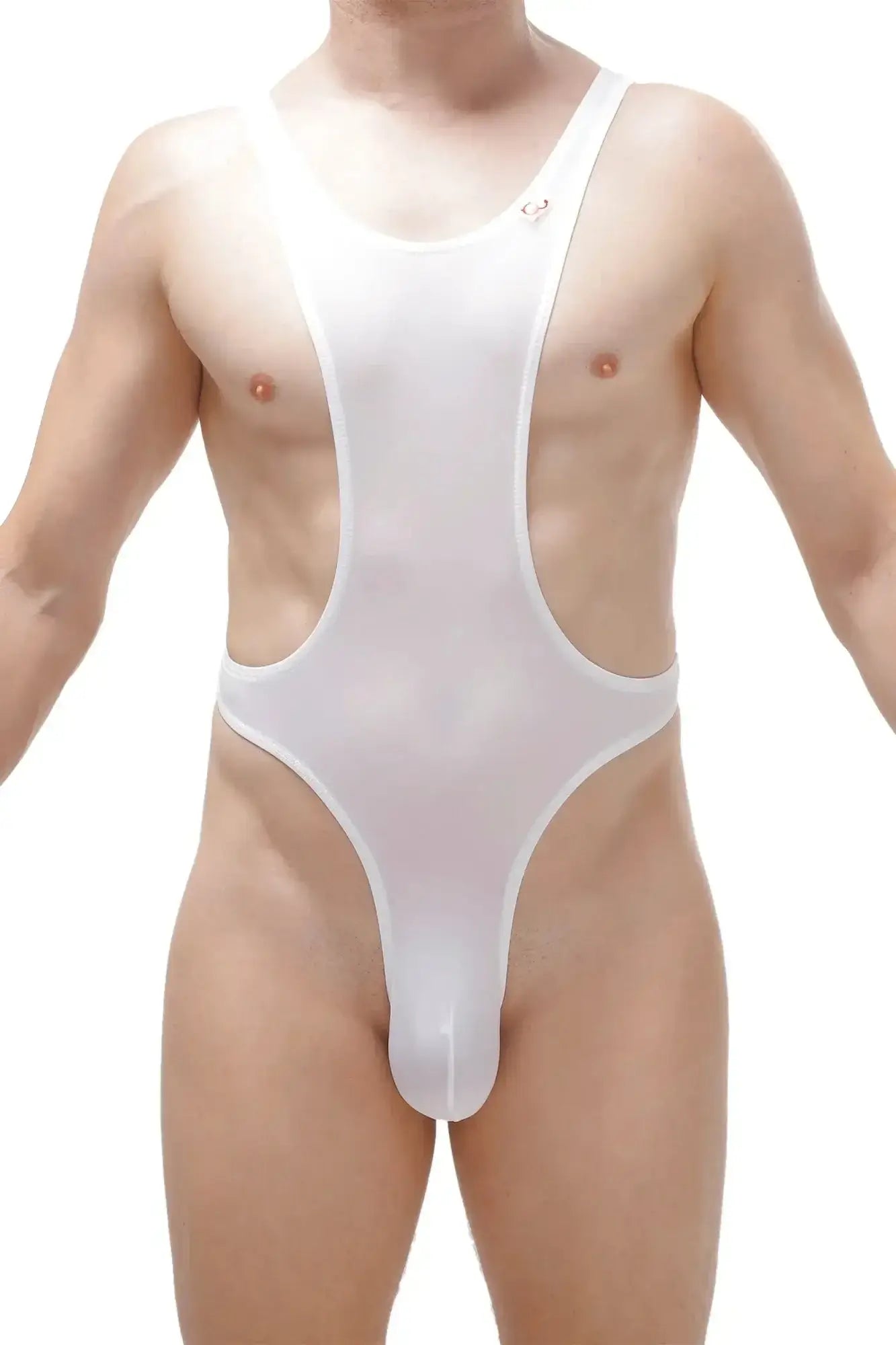 White sheer mesh one-piece swimsuit with wide shoulder straps and high-cut leg from PetitQ Bodythong Aunou Plum White