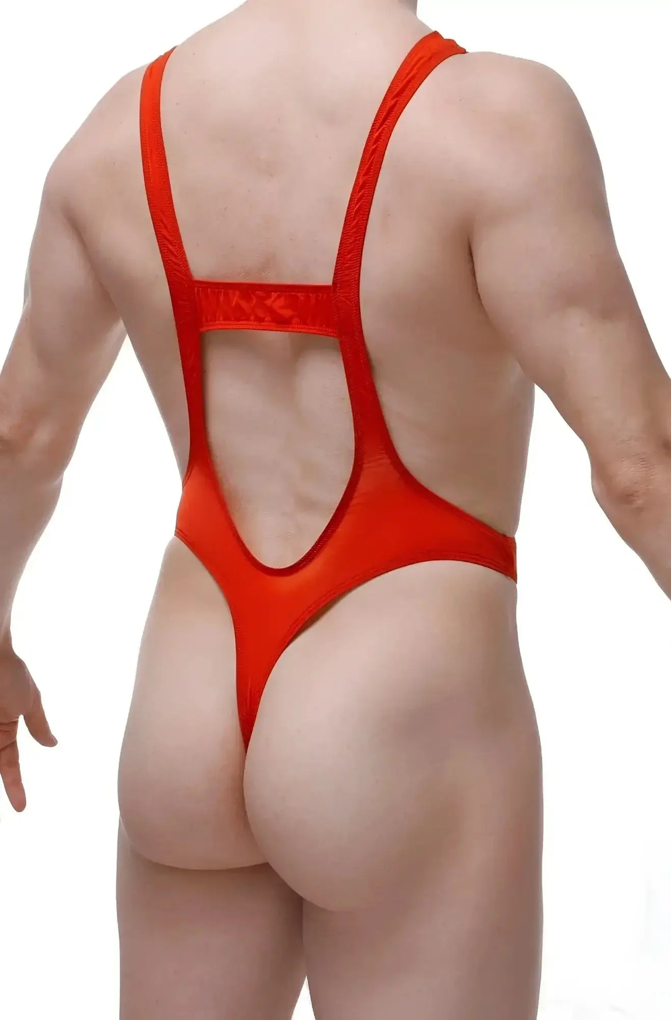 Vibrant red petitq bodythong aunou one-piece swimsuit with cutout back and thin shoulder straps visible from the back