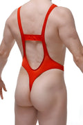 Vibrant red petitq bodythong aunou one-piece swimsuit with cutout back and thin shoulder straps visible from the back