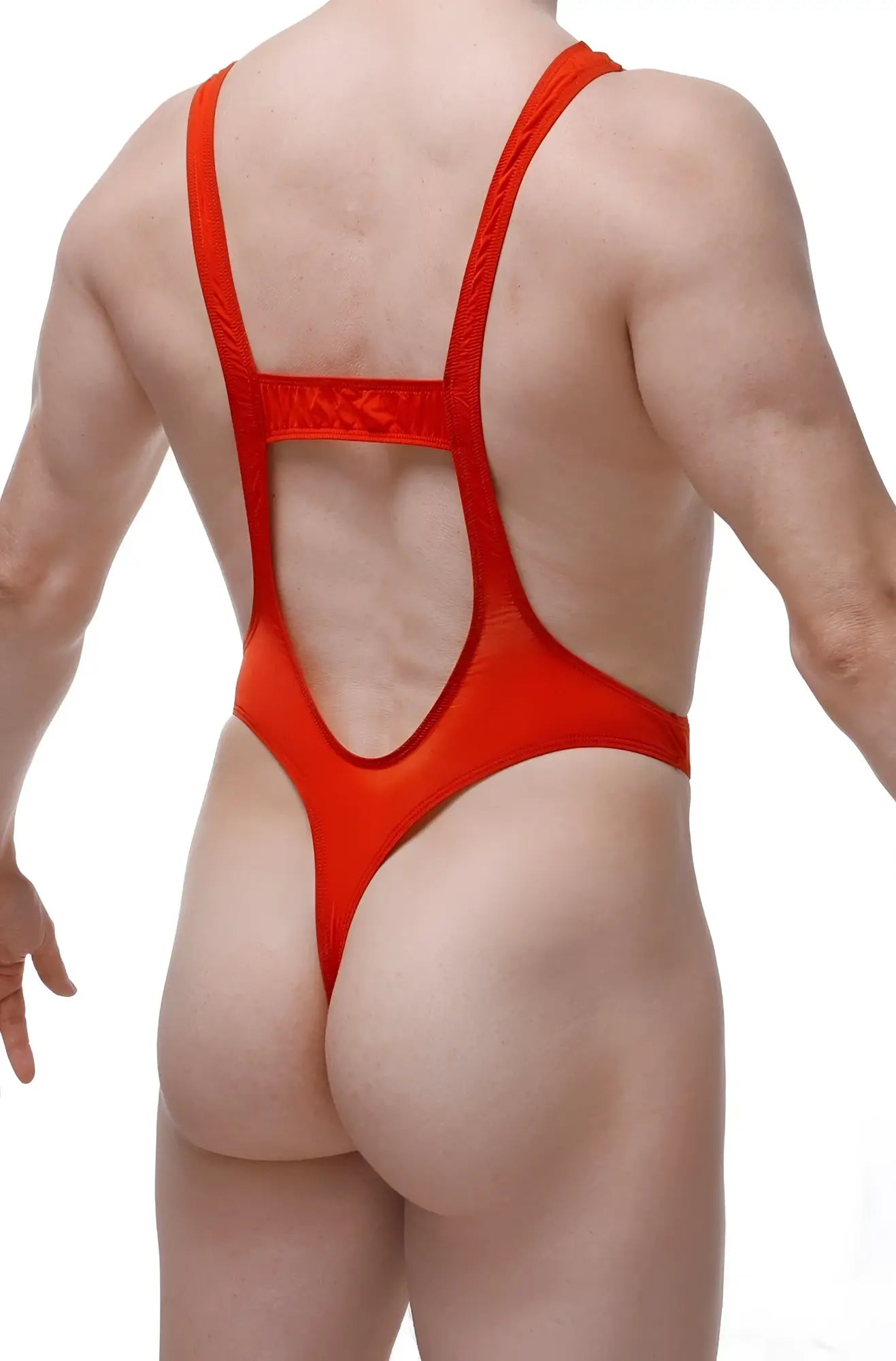 Vibrant red petitq bodythong aunou one-piece swimsuit with cutout back and thin shoulder straps visible from the back