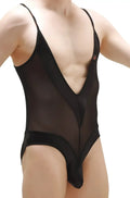 PetitQ bodythong bonson black sheer mesh one-piece swimsuit with deep v-neckline and solid black trim
