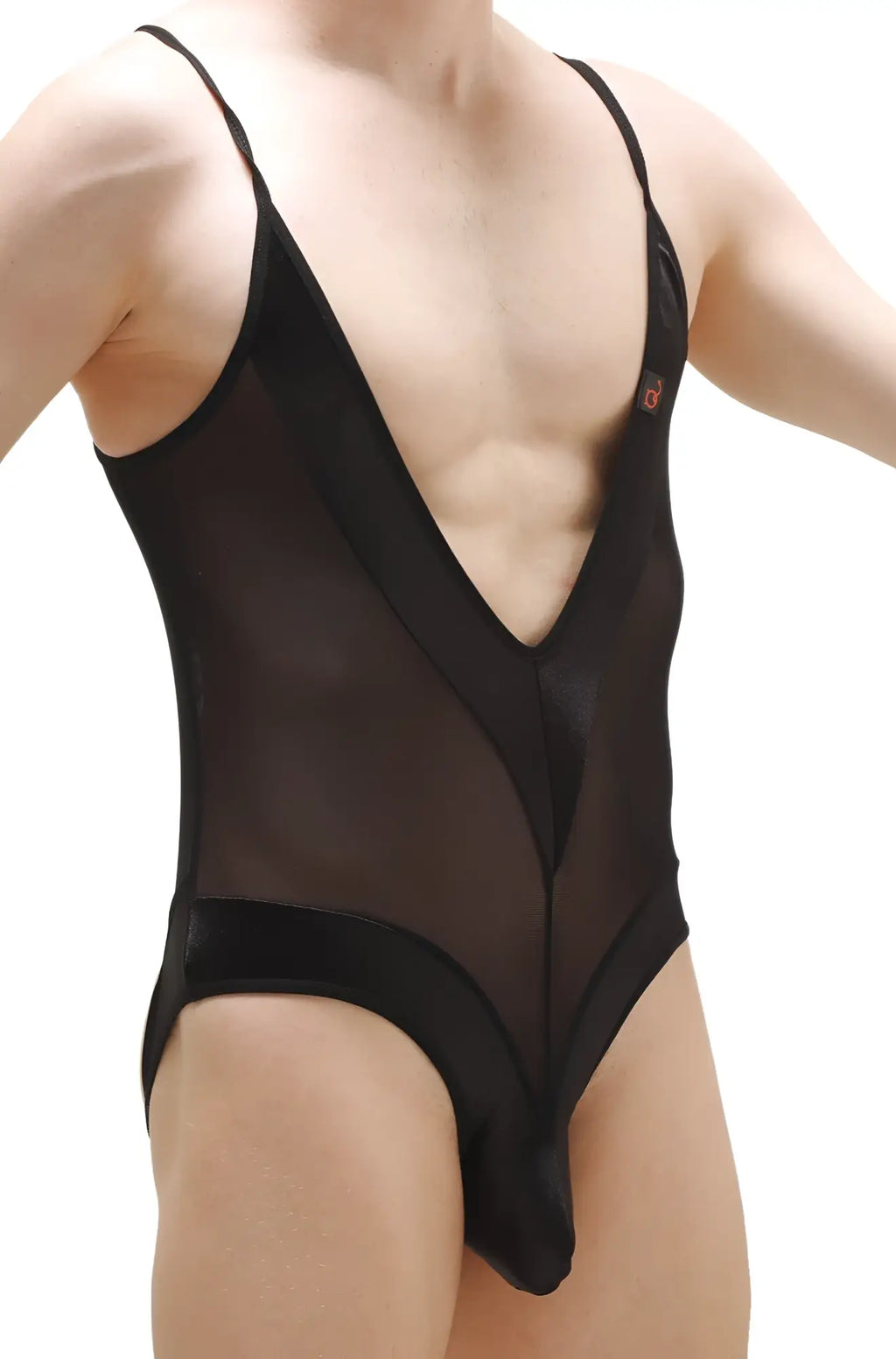 PetitQ bodythong bonson black sheer mesh one-piece swimsuit with deep v-neckline and solid black trim