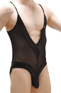 PetitQ bodythong bonson black sheer mesh one-piece swimsuit with deep v-neckline and solid black trim