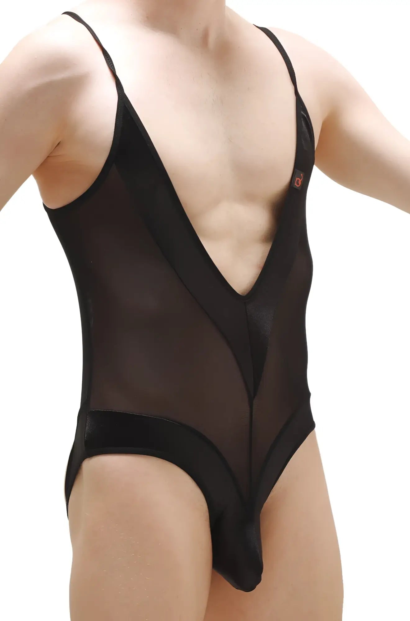 PetitQ bodythong bonson black sheer mesh one-piece swimsuit with deep v-neckline and solid black trim