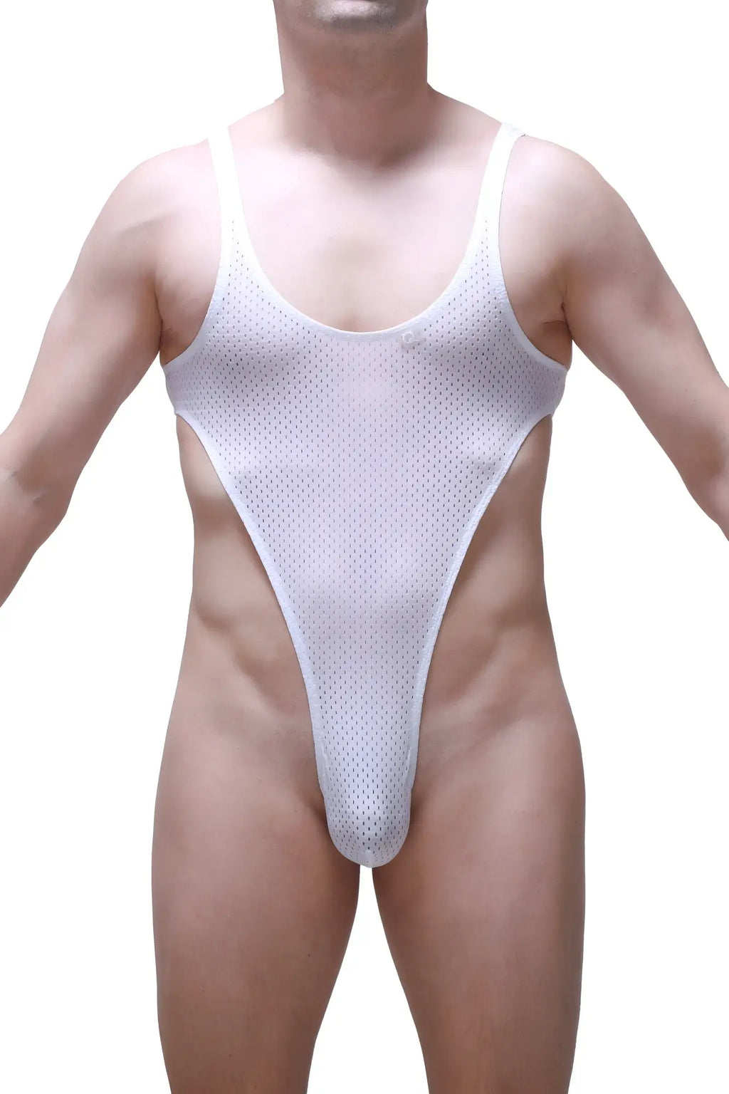 White mesh petitq bodythong carbay bee one-piece swimsuit with high-cut leg design