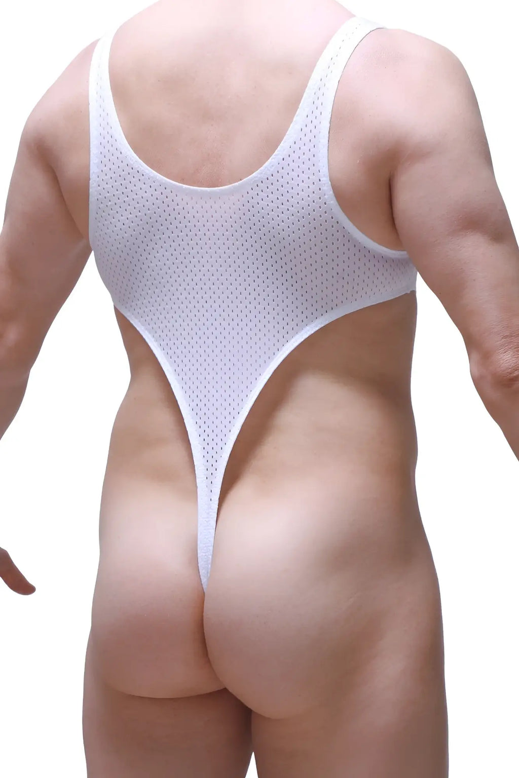 White mesh one-piece swimsuit petitQ bodythong carbay bee white shown from the back with plunging back and thin straps