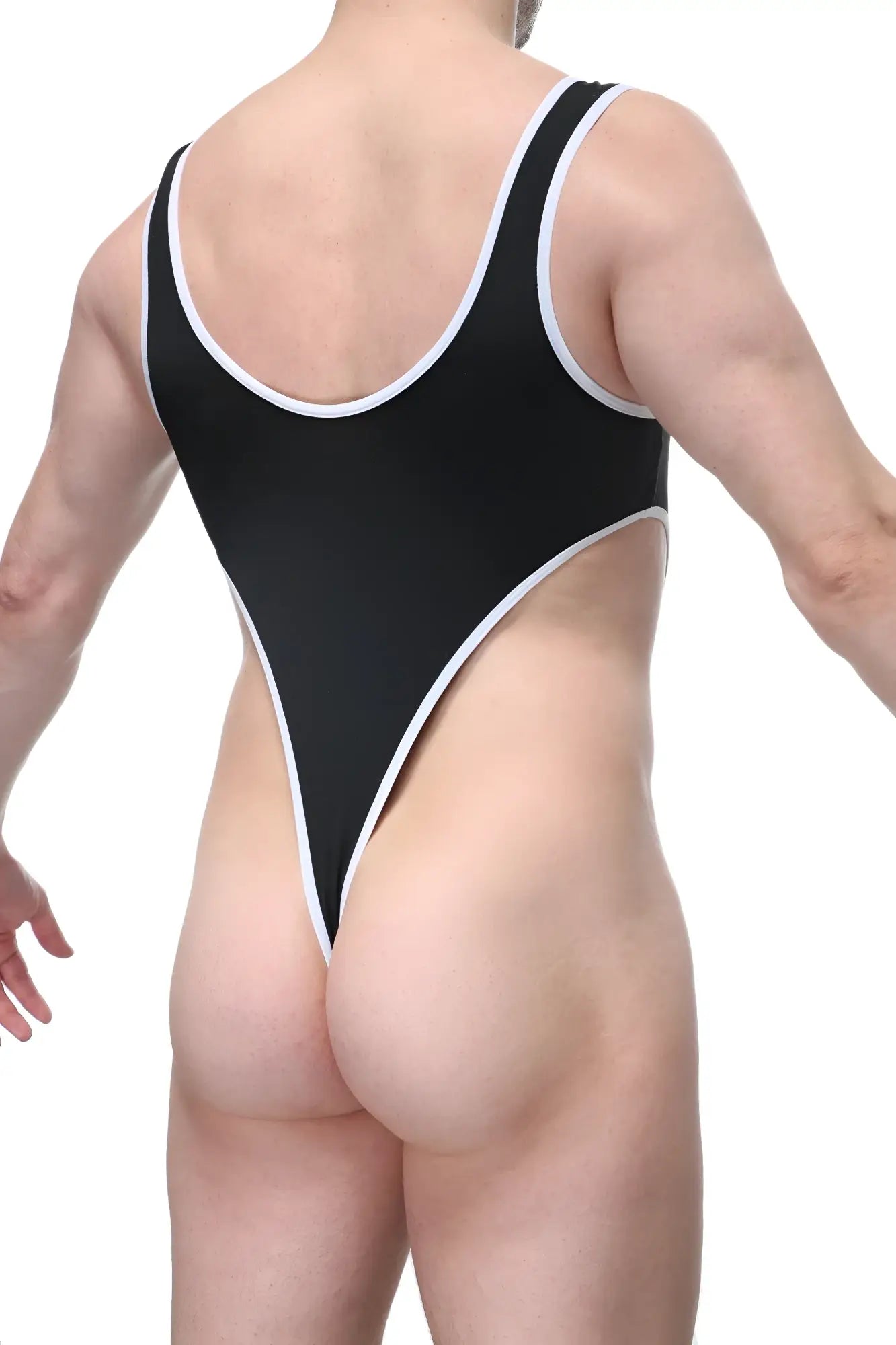PetitQ Bodythong Carbay black one-piece swimsuit with white trim along neckline armholes and leg openings