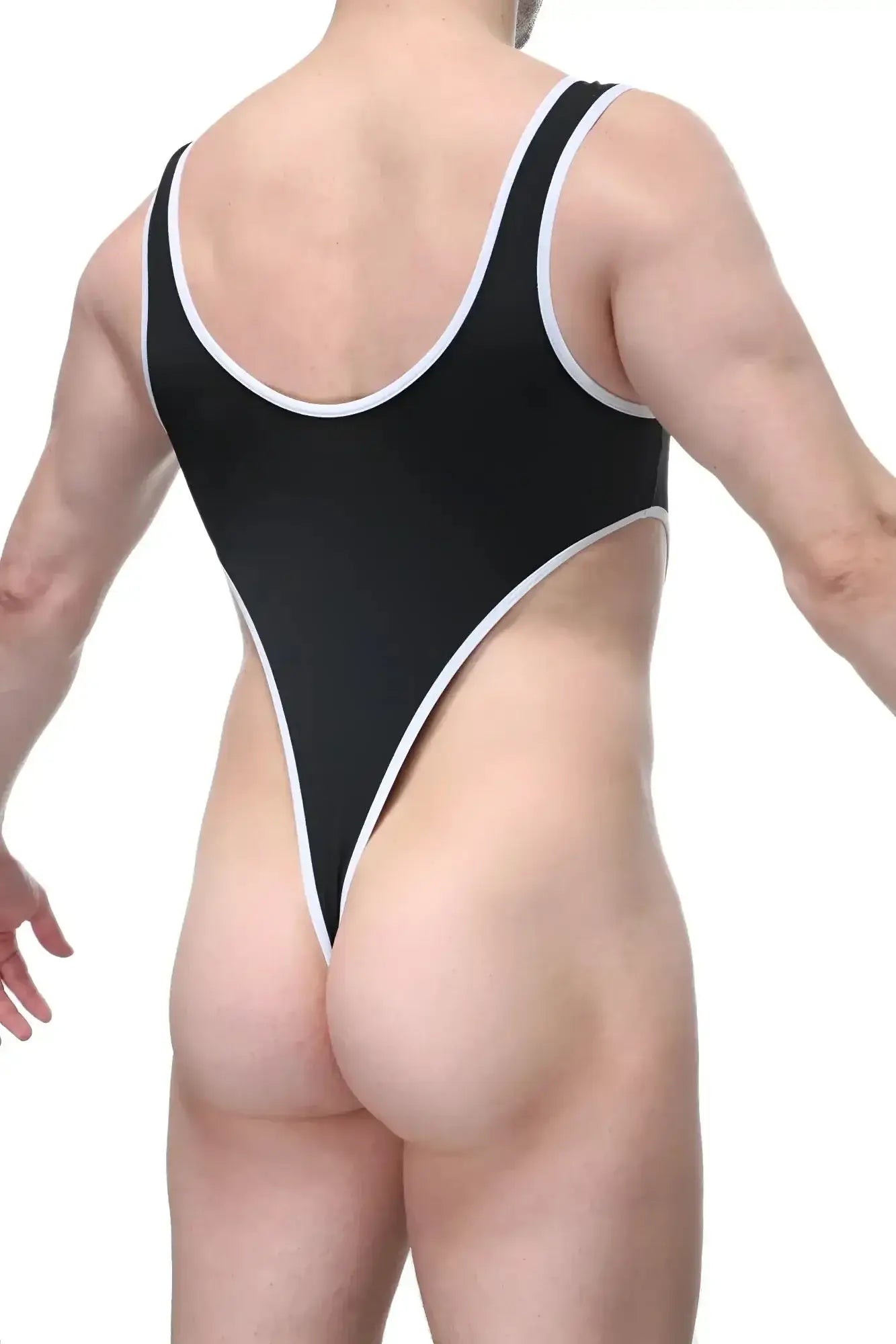 PetitQ Bodythong Carbay black one-piece swimsuit with white trim along neckline armholes and leg openings