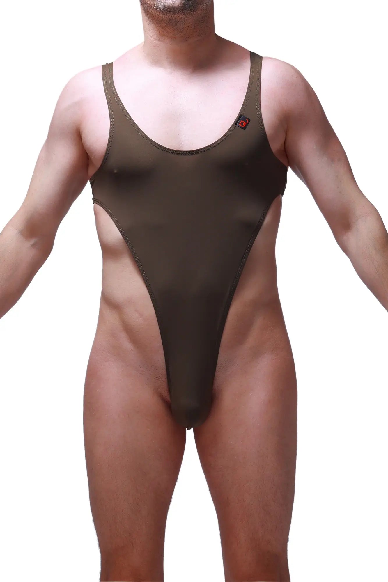 Olive green petitq bodythong carbay one-piece swimsuit with high-cut leg design and thin shoulder straps front view