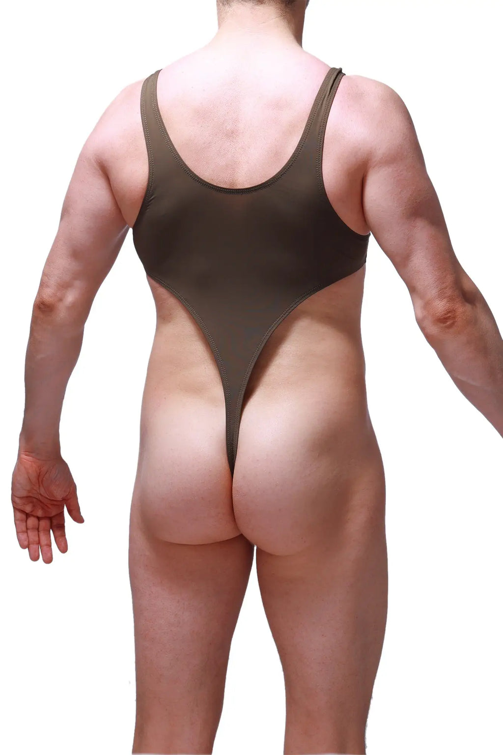 Olive green petitq bodythong carbay one-piece swimsuit with high-cut leg and thin shoulder straps