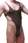 A sleek olive green petitq bodythong carbay one-piece swimsuit with high-cut leg and thin shoulder straps