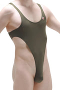 Olive green one-piece swimsuit with high-cut leg and thin shoulder straps from petitq bodythong carbay plum olive collection