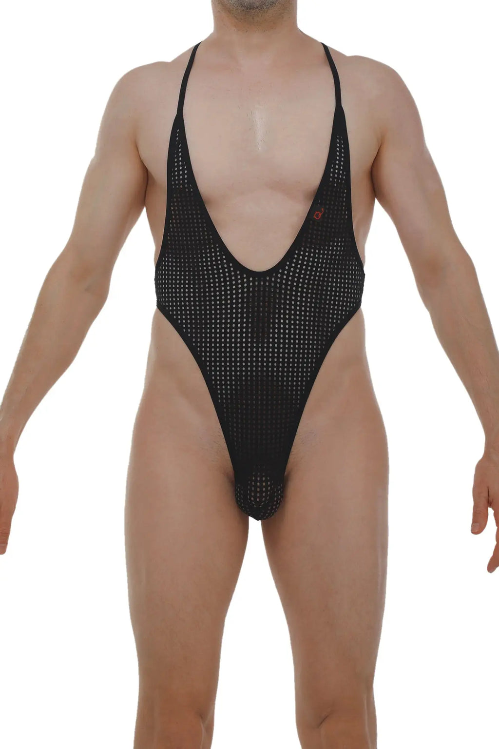 PetitQ bodythong Causson Durtol black black mesh one-piece swimsuit with deep v-neckline and thin shoulder straps