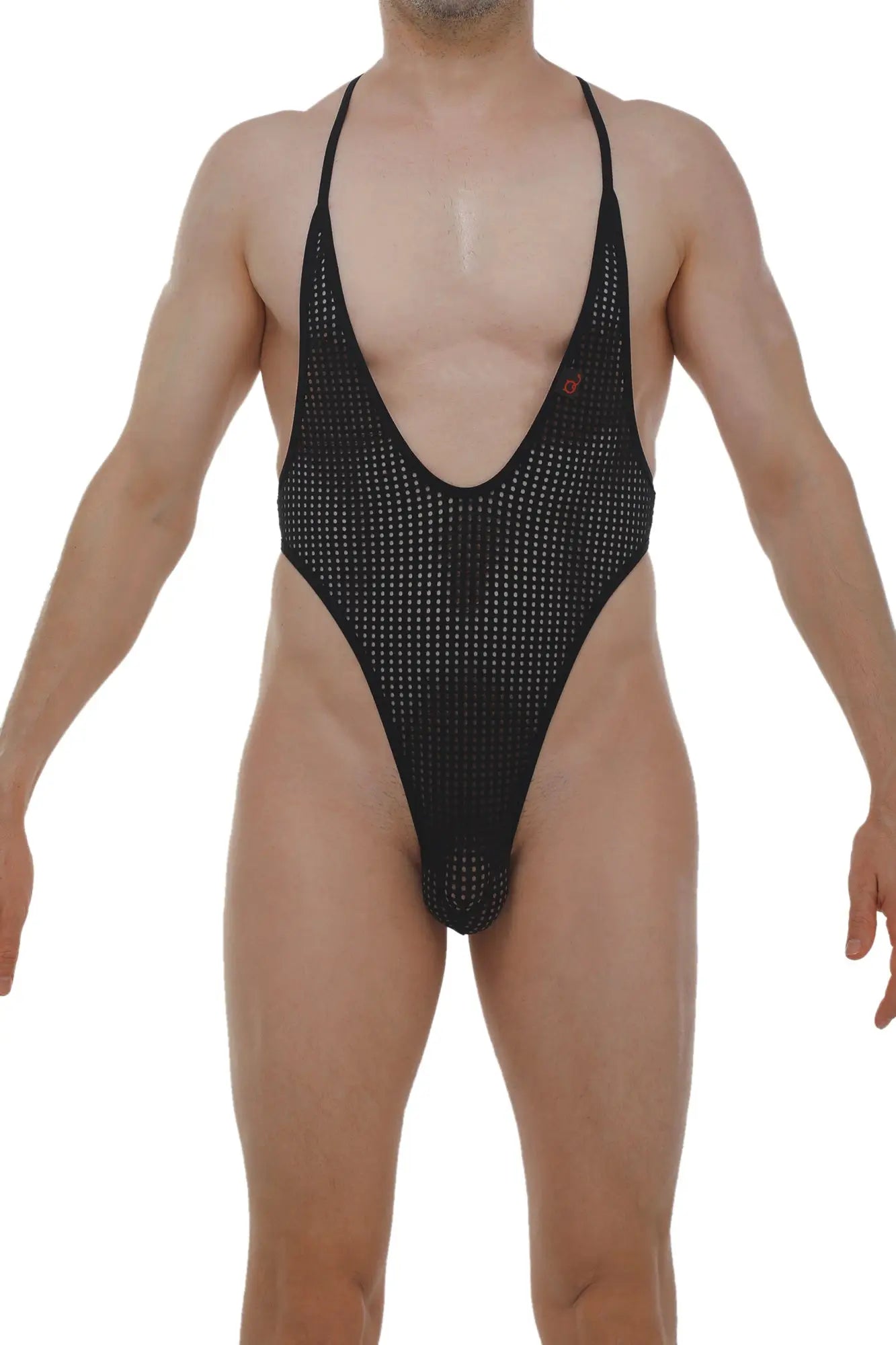 PetitQ bodythong Causson Durtol black black mesh one-piece swimsuit with deep v-neckline and thin shoulder straps