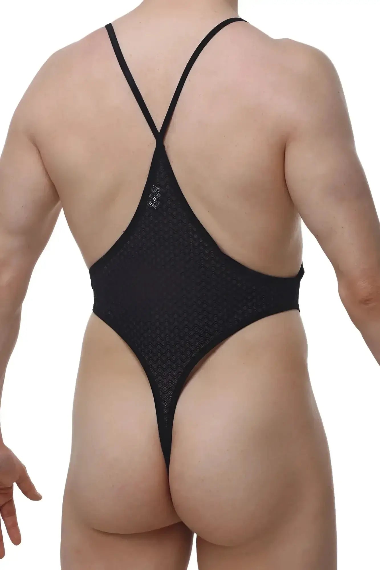 Black mesh petitq bodythong causson macra one-piece swimsuit with thin crisscross straps and low-cut back shown from back