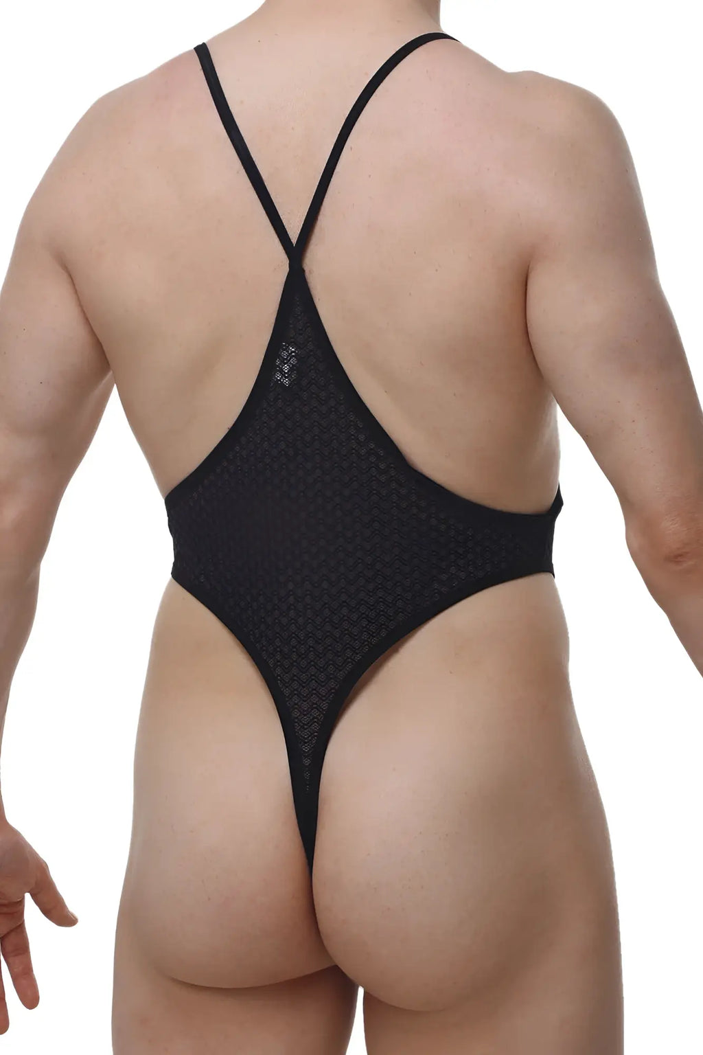 Black mesh petitq bodythong causson macra one-piece swimsuit with thin crisscross straps and low-cut back shown from back