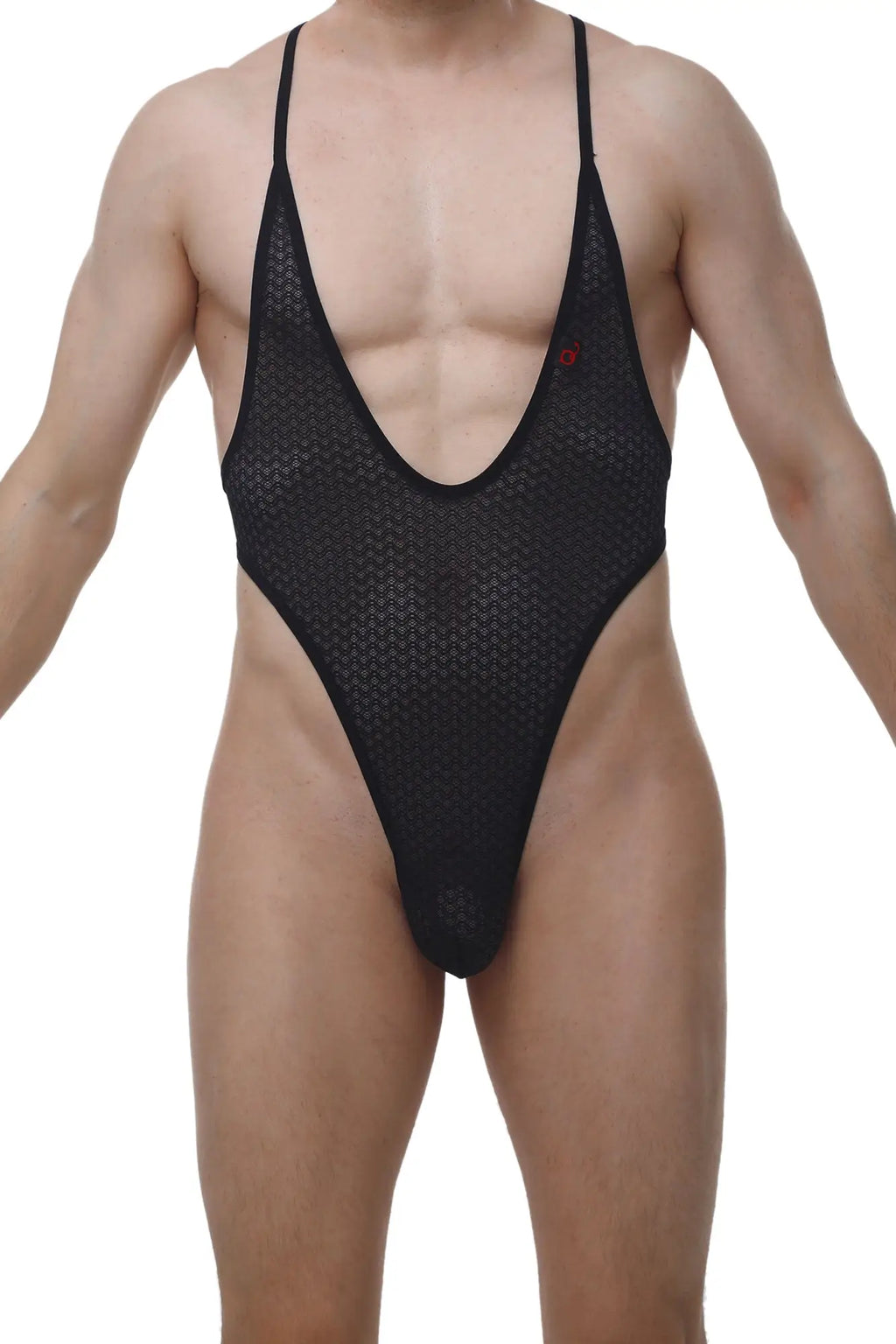 PetitQ Bodythong Causson Macra black black mesh one-piece swimsuit with thin straps and deep v-neckline front view