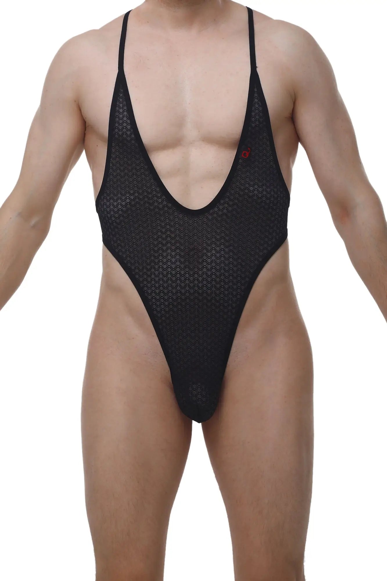 PetitQ Bodythong Causson Macra black black mesh one-piece swimsuit with thin straps and deep v-neckline front view