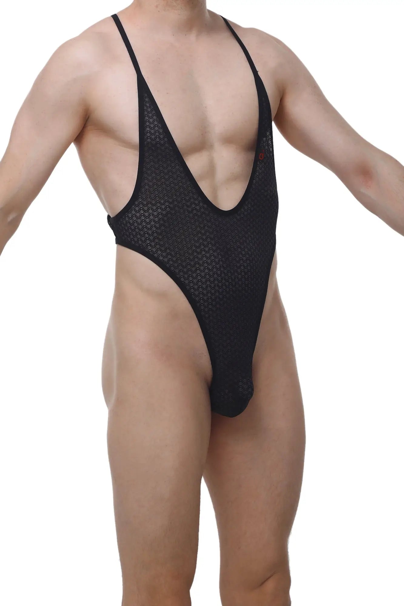 Black mesh one-piece swimsuit with thin straps and deep v-neckline PetitQ bodythong causson macra black