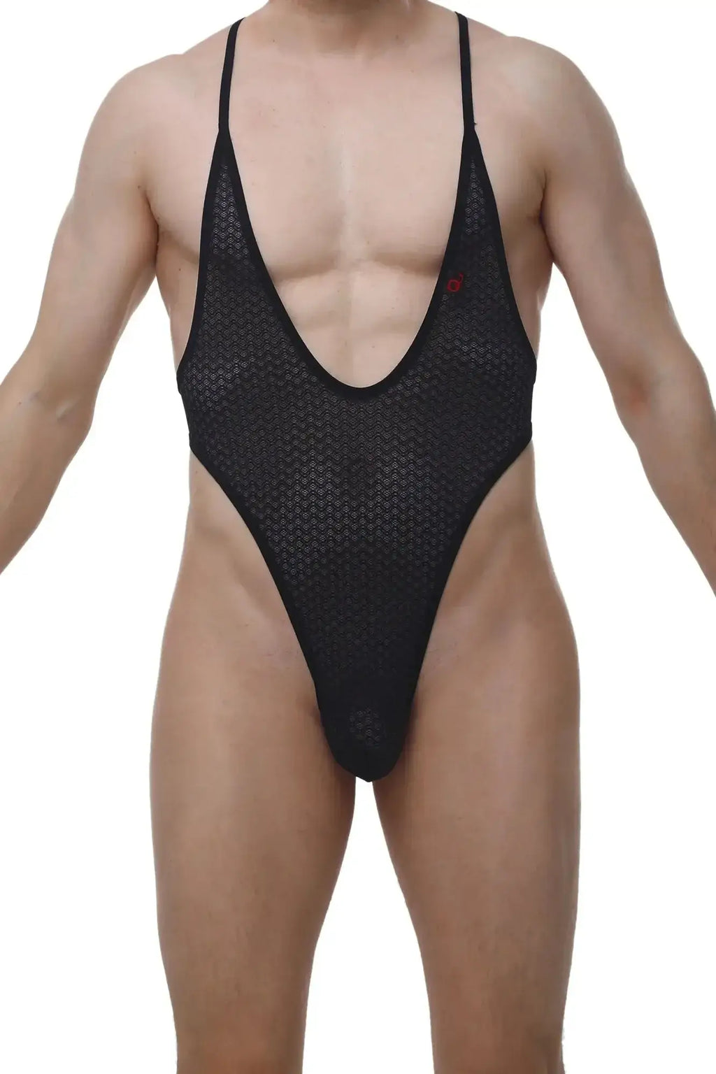 PetitQ Bodythong Causson Macra black black mesh one-piece swimsuit with thin straps and deep v-neckline front view