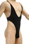 Black one-piece PetitQ bodythong causson plum swimsuit with deep v-neckline and high-cut leg opening