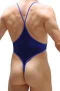 Navy blue petitq bodythong causson satin sapphire one-piece swimsuit with royal blue trim and crisscross back design visible