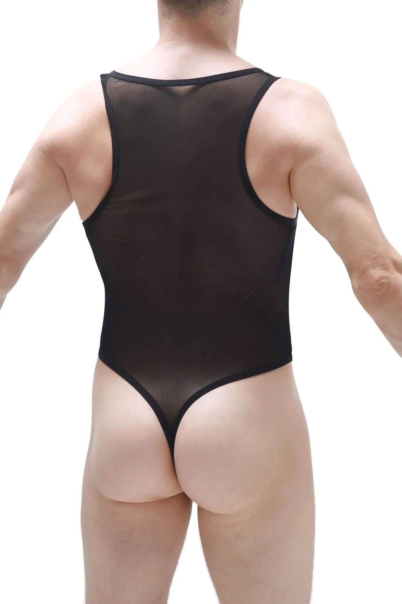 Petitq bodythong chapoise black sheer mesh one-piece with high-cut legs and black trim front view