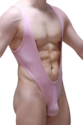 A sleek form-fitting pink one-piece swimsuit with deep v-neckline and high-cut legs petitq bodythong gonzac skine tea rose