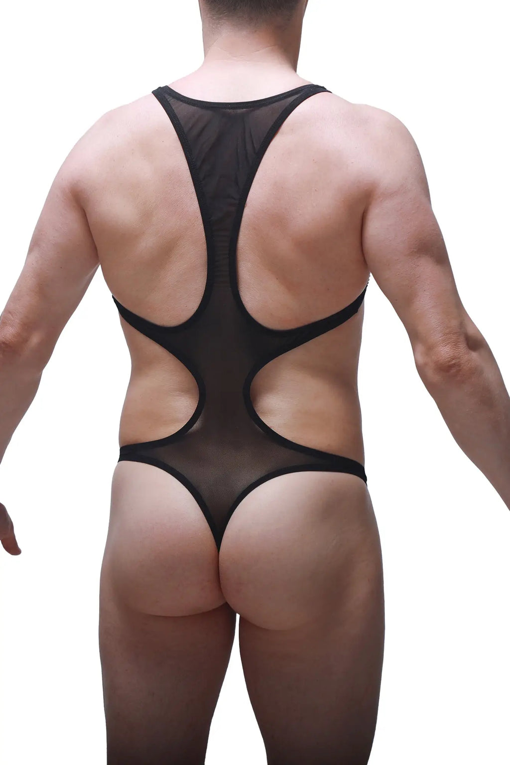 Black sheer mesh bodysuit with bold cutout design by petitq featuring bodythong style in gracay net black
