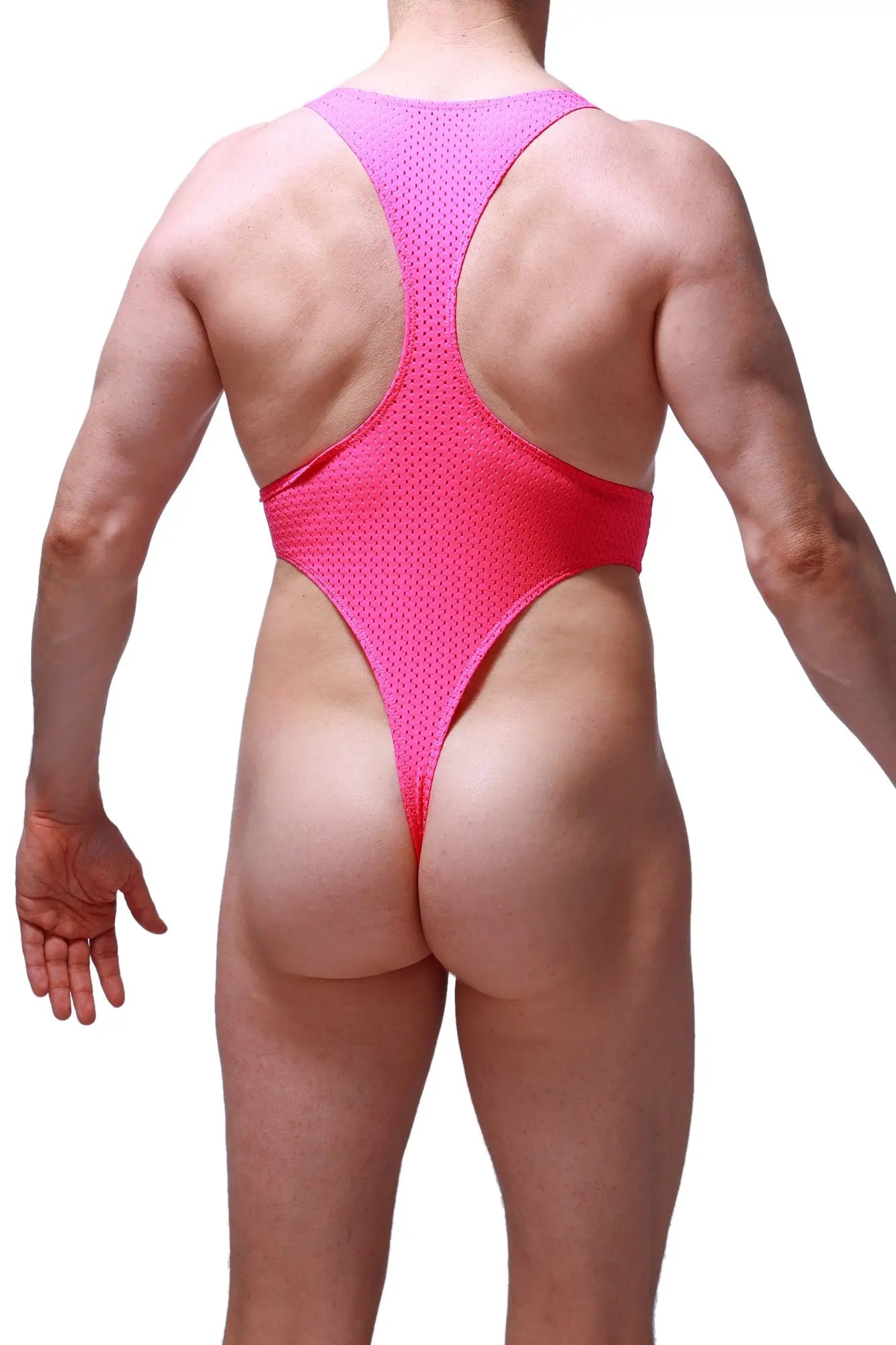 PetitQ bodythong journy bee pink vibrant pink mesh one-piece swimsuit with bold red waistband and racerback design