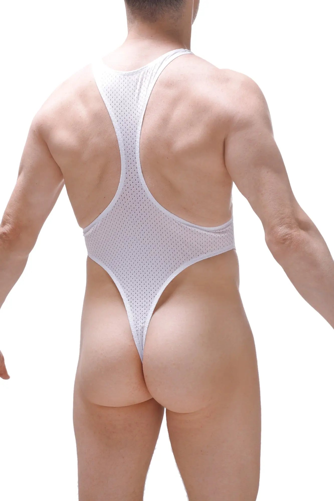 White mesh one-piece swimsuit with racerback design shown from the back petitq bodythong journy bee white