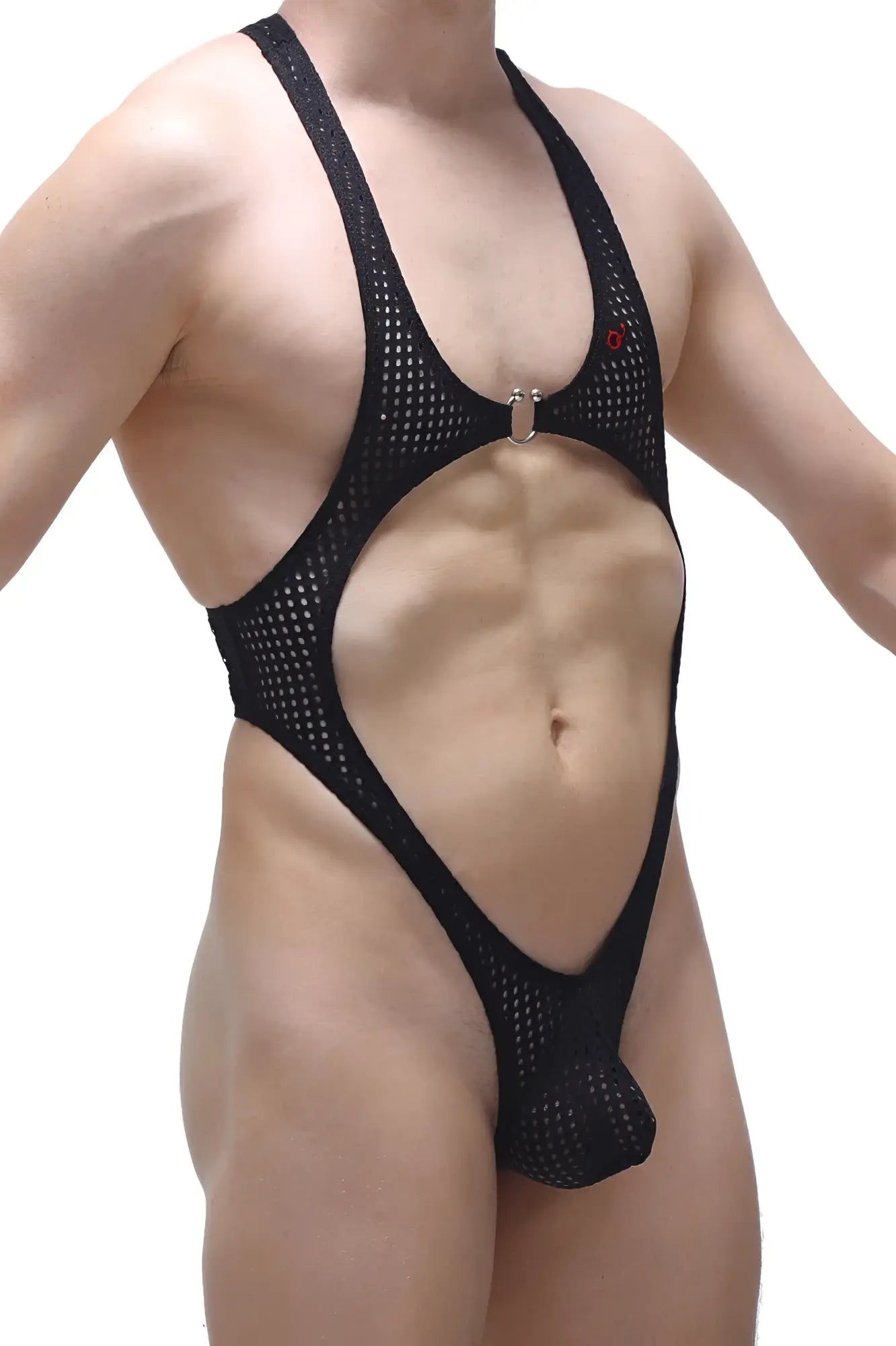 Black mesh petitq bodythong journy durtol one-piece swimsuit with plunging neckline and open-back design shown from back