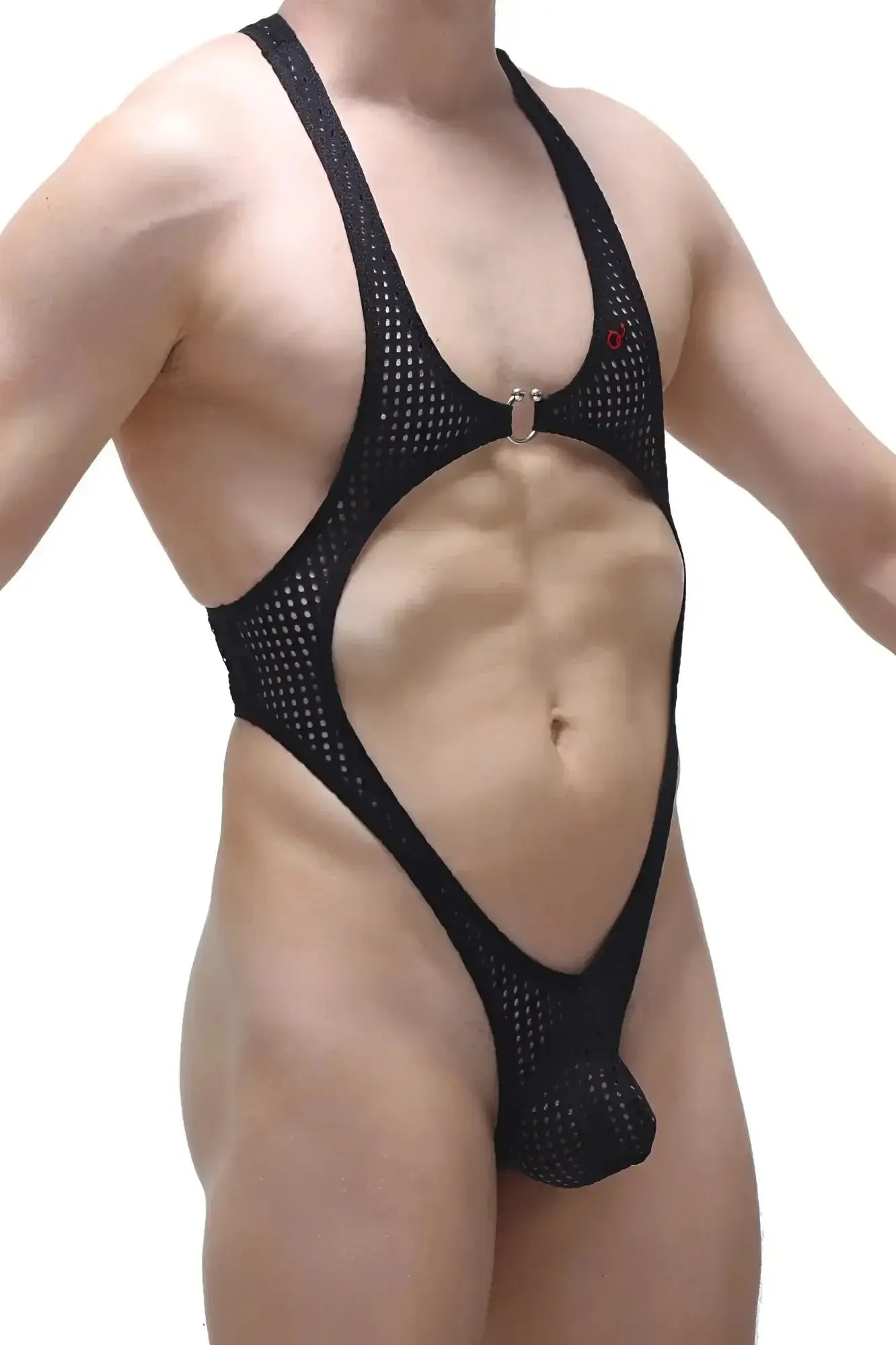Black mesh petitq bodythong journy durtol one-piece swimsuit with plunging neckline and open-back design shown from back